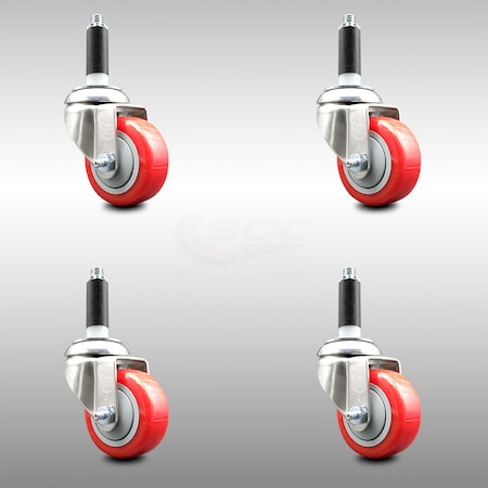 Service Caster 3 Inch 316SS Red Polyurethane Swivel 3/4 Inch Expanding Stem Caster Set SCC SCC-SS316EX20S314-PPUB-RED-34-4